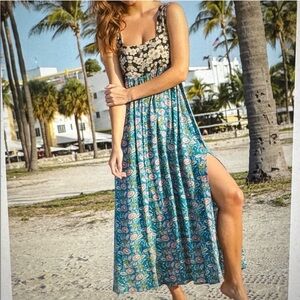 NWT Natural Life Tricia Maxi Dress Womans XL Blue Gray Smocked Back Side Slits